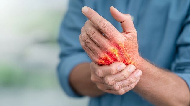 Close-up of a person holding a painful wrist with a glowing anatomical joint overlay, illustrating arthritis, inflammation, injury and medical treatment concepts.