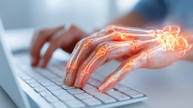 Medical visualization of a hand and wrist with highlighted bones and nerves while typing on a keyboard, illustrating carpal tunnel syndrome, repetitive strain, ergonomics and workplace health.
