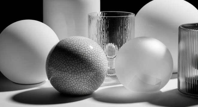 Minimalist Spheres And Geometric Glass Objects In Black And White Studio Lighting
