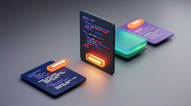 Abstract isometric software development icon elements including glowing script interface card blocks with colorful lines and data coding charts for devops applications.