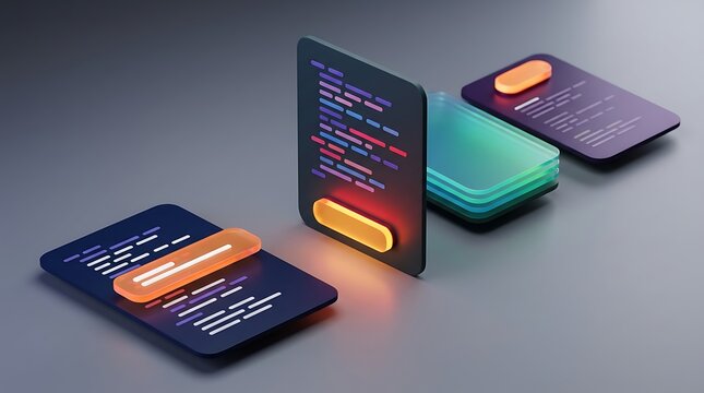 Conceptual 3d rendering of programming code on various screens showcasing software development and technology with vibrant illuminated interface elements.