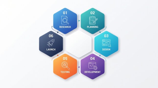 Six Stage Hexagonal Process Infographic for Business Workflow and Process Management