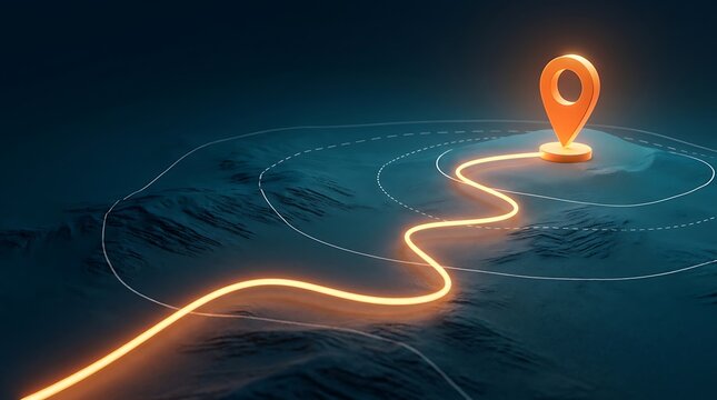 Glowing orange navigation route leads to bright destination pin on abstract dark background, illustrating travel and success.