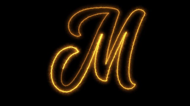 Fiery letter m cursive font animation with burning neon energy effect against black backdrop.