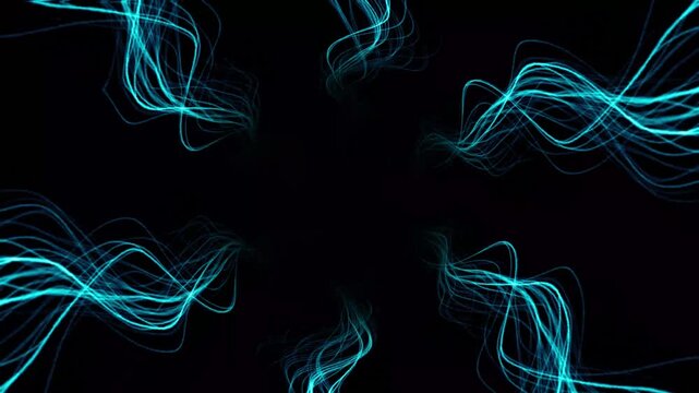 Abstract cyan blue electric wave particle strands motion overlay animation, animated thunder storm bolt effect alpha channel effect, glowing light energy line flow visual asset on black screen. 4k