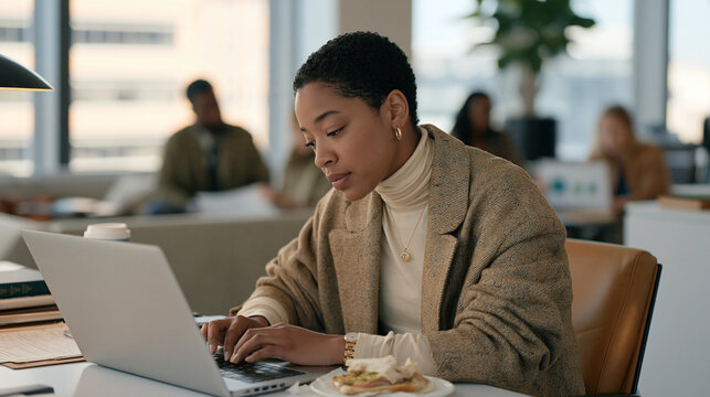 A court reporter pauses mid-transcription to reflect at a desk bathed in golden afternoon light, a half eaten sandwich resting beside the keyboard, colleagues reviewing wellness