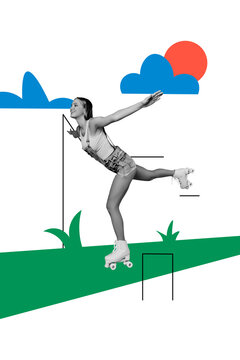 Creative trend collage of young female ride roller skater train exercise practicing workout concept weird bizarre unusual fantasy billboard