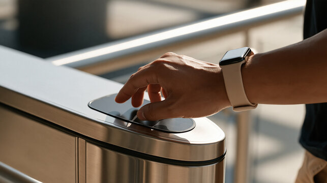 Close up of a stainless steel NFC reader embedded in a gym turnstile, membership wristband approaching the sensor, fitness center access control concept, motion blur background