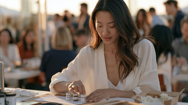 A life coach at golden hour labels small sample vials for a client wellness tracking program, a half eaten rice box pushed to one corner of the table, a crowd of workshop