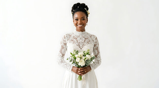 A beautiful bride in a lace wedding dress holds a white floral bouquet and smiles radiantly.