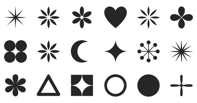 Miscellaneous abstract icons and shapes arranged on a gray grid background surface for modern graphic composition, creative design, and visual presentation