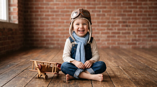 Enfant souriant avec casquette d&rsquo;aviateur et biplan jouet en bois
