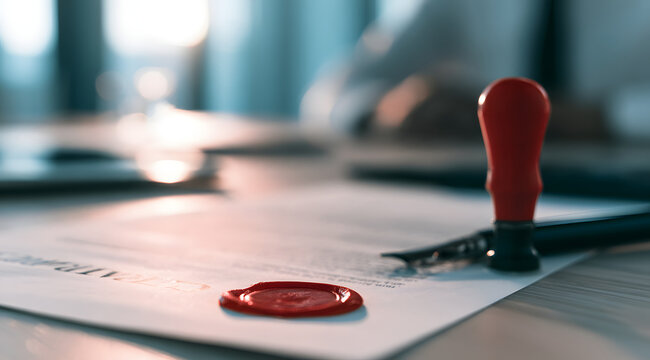 In the modern office with a blurred executive in the background, the signed business contract was finalized with a fountain pen and a wax seal on the desk