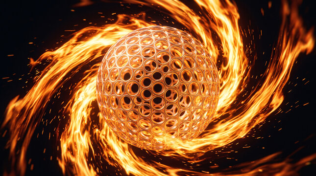 Sph&egrave;re m&eacute;tallique perfor&eacute;e entour&eacute;e d&rsquo;un tourbillon de flammes