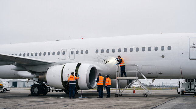 Personnel au sol inspectant le fuselage endommag&eacute; d&rsquo;un avion
