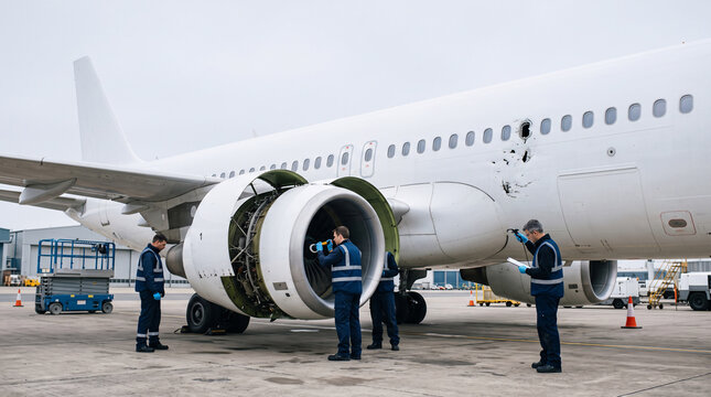 Techniciens inspectant un moteur d&rsquo;avion endommag&eacute; sur le tarmac
