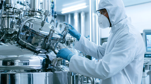 In an overhead view, a seasoned European scientist in a white lab coat stands beside a large stainless bioreactor tank in a sleek pharmaceutical manufacturing facility