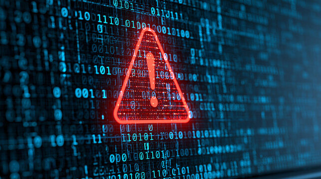 Glowing red warning triangle symbol superimposed on a digital binary code screen. Cybersecurity breach concept for information technology security.