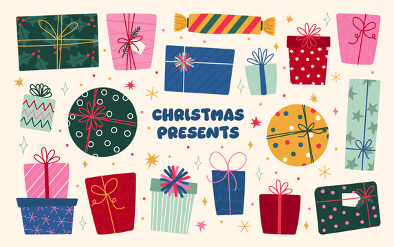 Mid-century retro Christmas gifts set with wrapped present boxes, ribbons, bows and festive stars