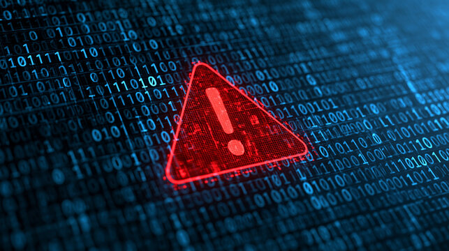 A glowing red warning symbol shines brightly against a complex background of digital binary code. This striking visual serves as a conceptual representation of cybersecurity.