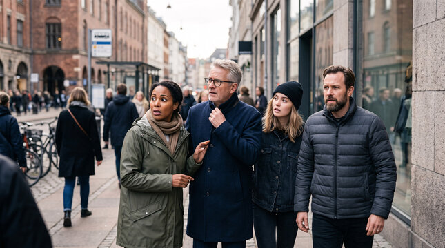 Quatre personnes marchant dans une rue urbaine avec une expression surprise