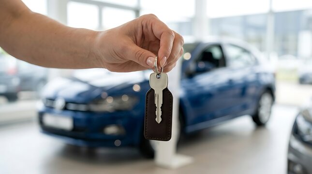 Hand holding car keys in front of a blue car in a dealership showroom