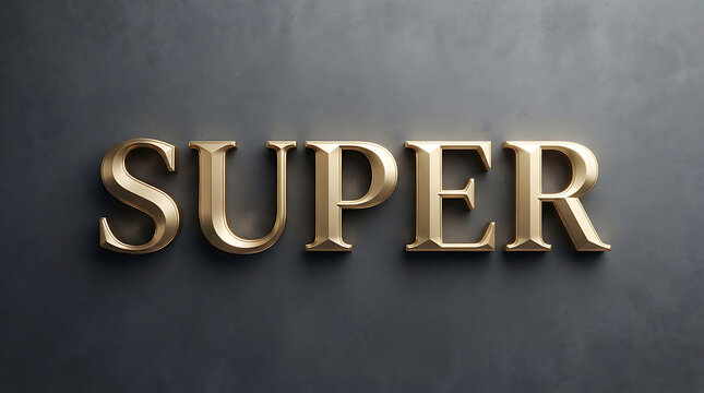 Elegant three dimensional metallic gold typography spelling the word super isolated on a dark gray textured background for luxury branding