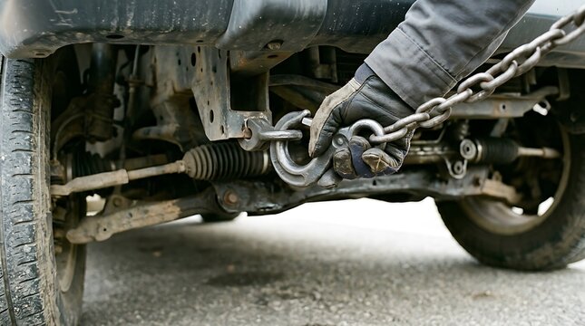 Person attaching a heavy duty tow chain to a vehicle's frame for towing