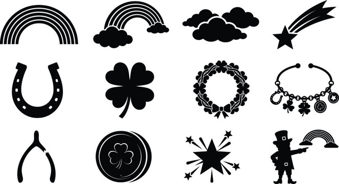 Lucky symbols and magical nature elements black icons for st patricks day graphic projects.