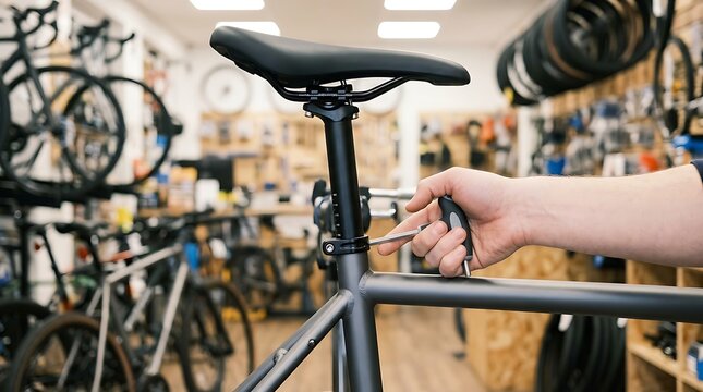 Mechanic adjusting bicycle seat post height with hex wrench in shop