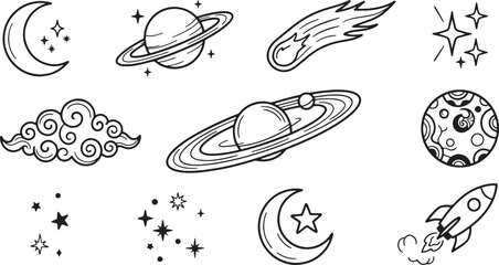 Doodle set of space elements, hand drawn vector icons, black outline illustration for astronomy and universe concept. © Hanzala's vectors 