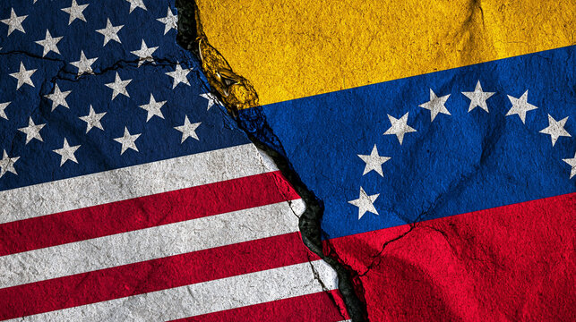 A deep crack separating the flags of the USA and Venezuela on a textured concrete wall. Political tension concept for international relations editorial use.
