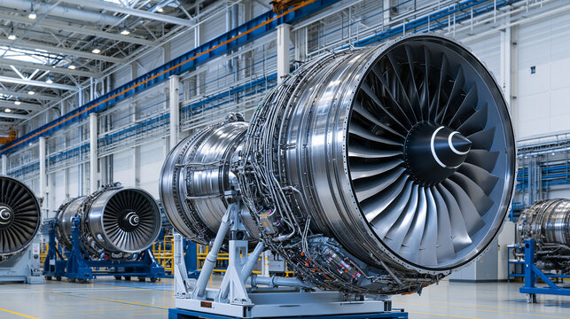 A shiny modern aircraft jet engine displayed in a brightly lit industrial manufacturing factory. Aerospace engineering concept for commercial aviation.