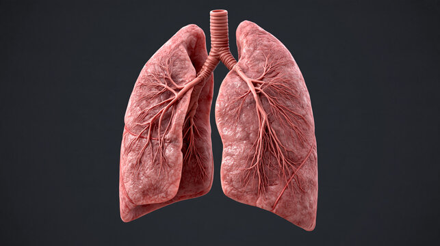 Detailed anatomical 3D render of human lungs with visible trachea and bronchi on a dark background. Medical visualization for healthcare and education concepts.