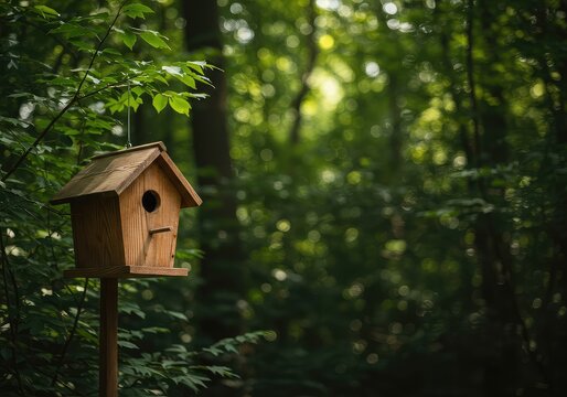 A rustic wooden birdhouse hangs peacefully among the dense green foliage of a quiet forest, bathed in soft afternoon light ,spring ,handcrafted ,landscape