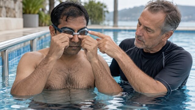 Pakistani swimming beginner adjusts the bridge of his goggles with both hands while his instructor points beside the eye seal to check a comfortable fit before a breathing drill