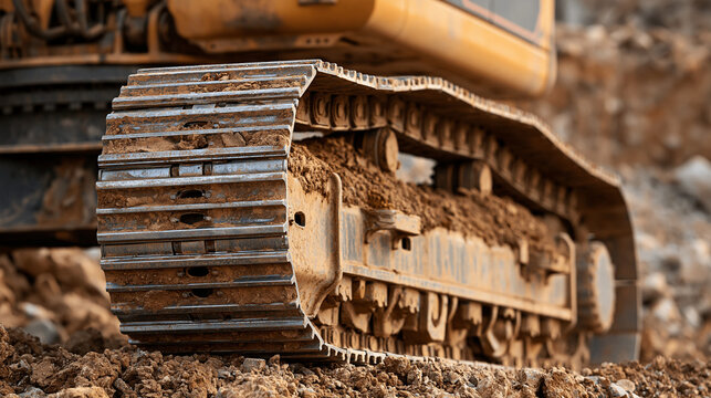 Close-up of a heavy excavator crawler track covered in mud at a construction site. Industrial machinery and civil engineering concept for heavy equipment advertisements.