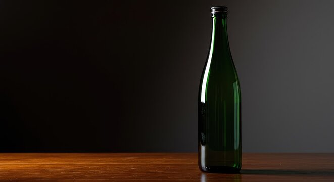 A striking view of a tall, dark green sake bottle standing gracefully on a polished wooden surface, highlighting the elegant Japanese aesthetic ,luxury ,craft ,wooden table