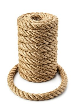 A strong, thick piece of natural fiber rope, possibly coiled or loosely laid, isolated against a crisp white background, highlighting texture and material ,clean. ,utility ,cable