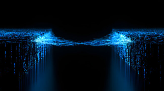 An abstract digital bridge composed of shimmering blue lines links two dark platforms. Data flows across this modern divide, symbolizing the exchange of information and network connectivity.