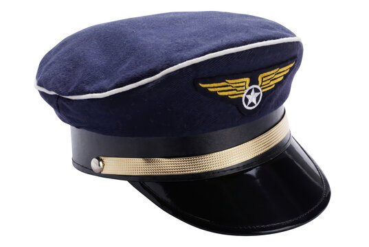 Blue Pilot Hat with Wing Emblem and Gold Band