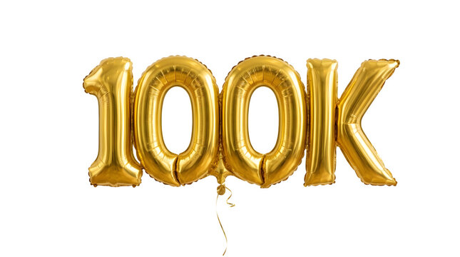 Golden one hundred thousand balloon numbers for a celebration on a transparent background