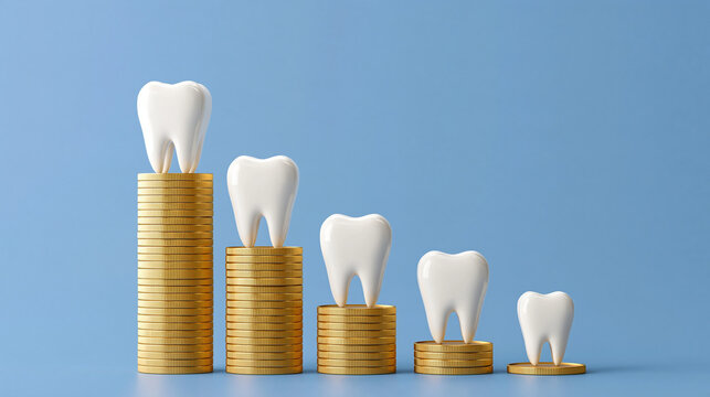 White teeth models placed on decreasing stacks of gold coins against a blue background. Ideal for illustrating dental care costs and insurance concepts.