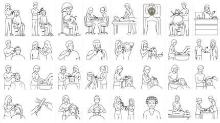 Obraz premium Hair and Beauty Salon Services Vector Illustrations Comprehensive Set of Grooming, Styling, and Spa Treatments for Modern Businesses