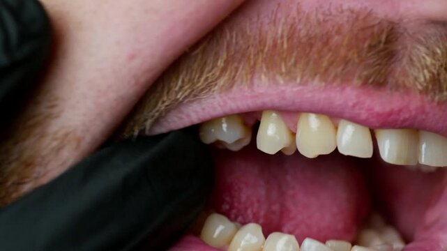 dental examination of male teeth in mouth macro close up, dentist inspecting male teeth with black gloved hand, close up view of human teeth and gums during dental checkup