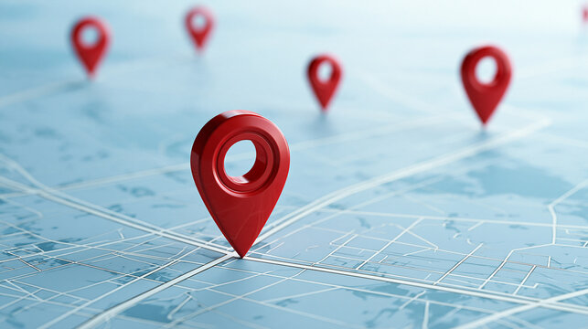 Red map pins standing on a blue city street map under bright lighting. Navigation and travel destination concept for logistics design.