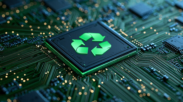 A glowing green recycling symbol is centered on a microchip mounted to a complex electronic circuit board with dramatic ambient lighting. Use this high-tech conceptual visual for.