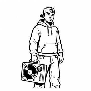 Black and white vector drawing of a man holding a portable turntable