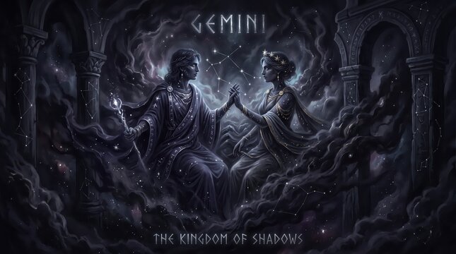 A celestial depiction of_the Gemini zodiac sign within a realm of deep shadows
