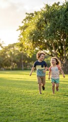 Fototapeta premium Two joyful young children, a boy and a girl, are running on a lush green lawn in a park. They are holding hands and smiling, their faces lit by the warm golden light of the setting sun.